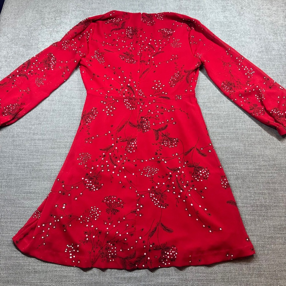 Madewell Floral Mini Dress Women 4 Red Long Sleeve V-Neck Wrap Style - Picture 2 of 9